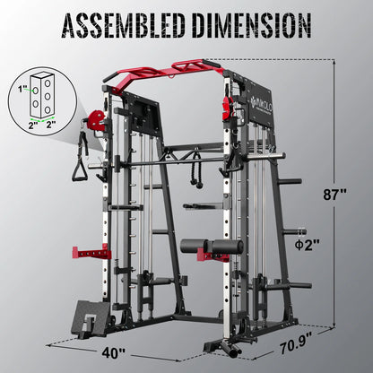 Smith Machine Home Gym, 2200 Lbs Power Rack Cage with Cable Crossover, Weight Bar, 360° Landmine, Barbell Holders and Other Attachments, Total Body Strength Training Cage